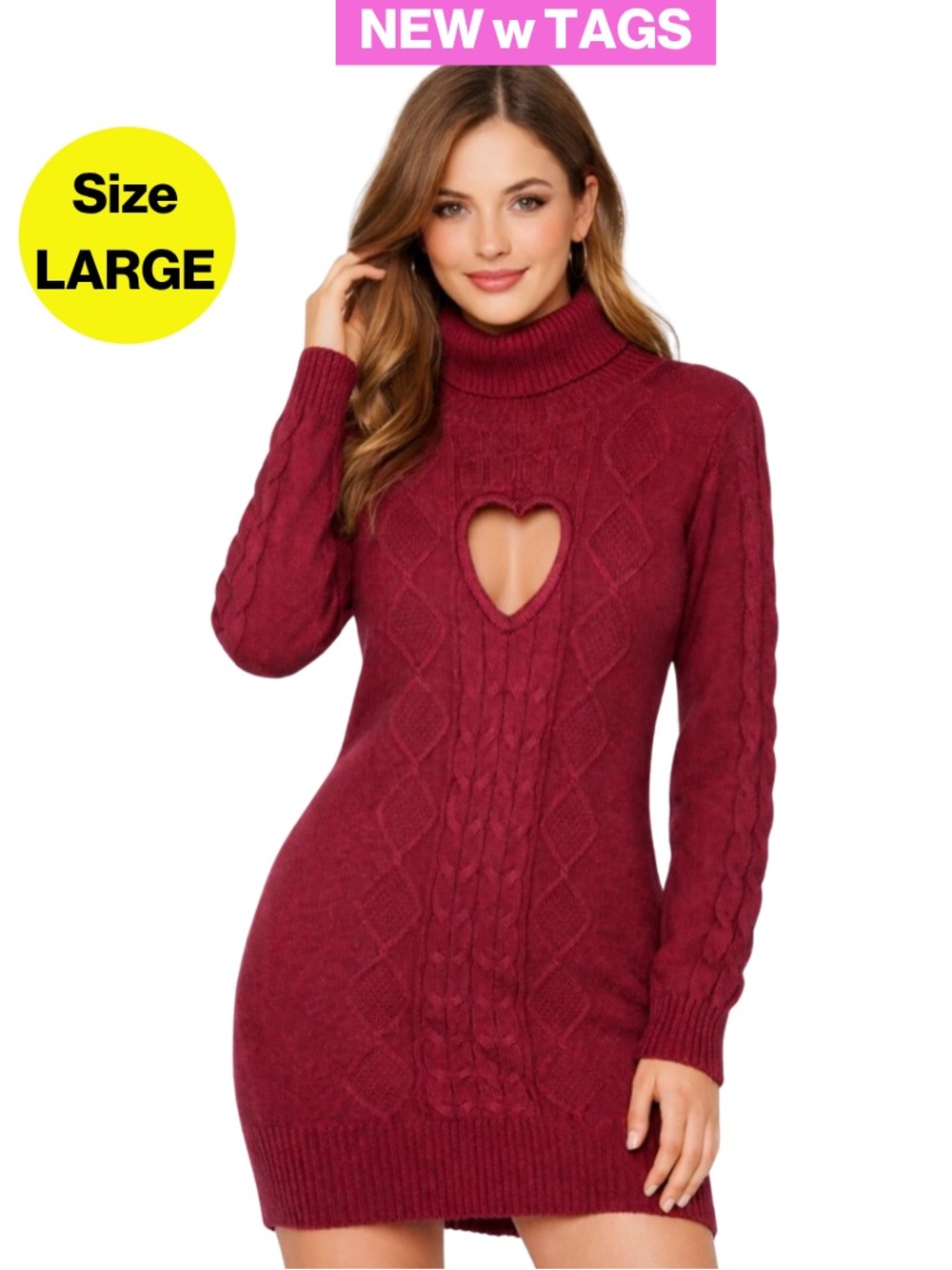 NEW w TAGS 🏷️ Burgundy Red Cable Knit Sweater Mini Dress, Cutout Heart (Large)